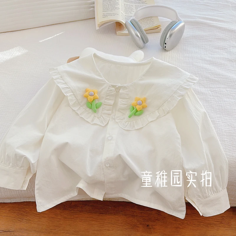 时尚新款儿童春装娃娃领长袖衬衫女童春秋季甜美时尚韩系衬衣潮