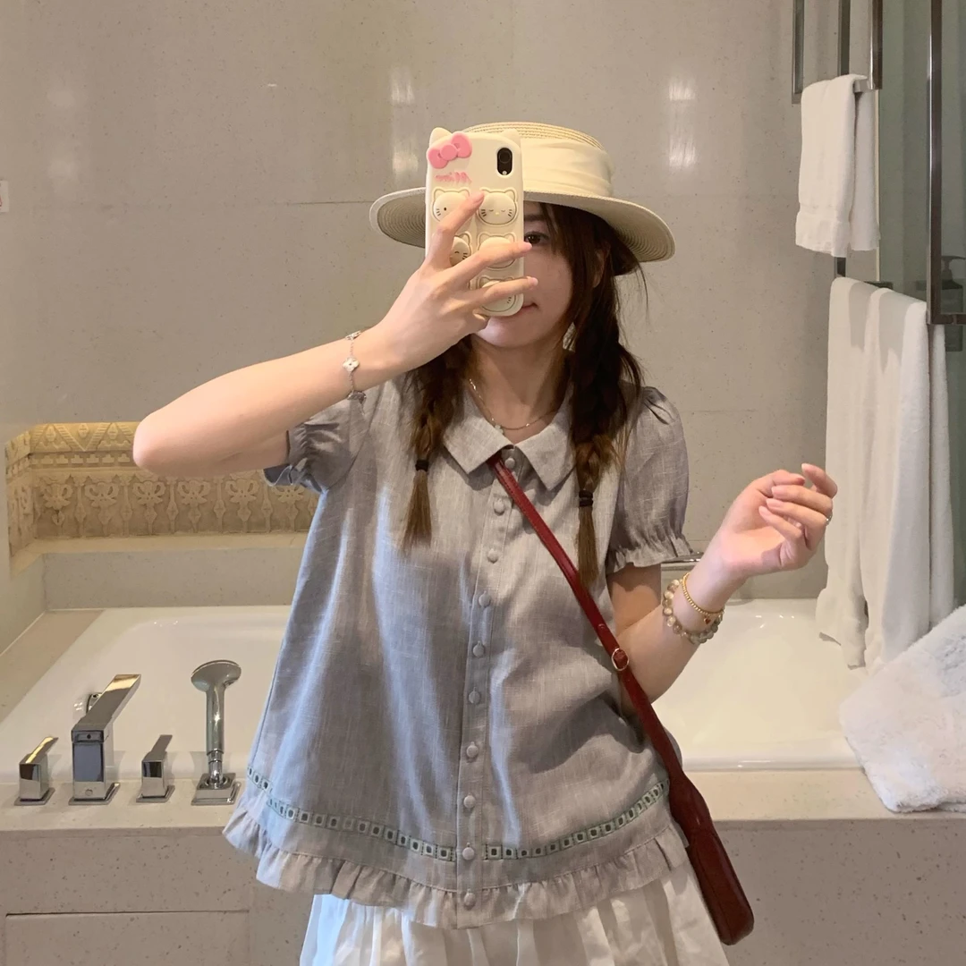 高端货~浅花灰色翻领甜美蕾丝花边拼接木耳边衬衫女百搭短袖上衣