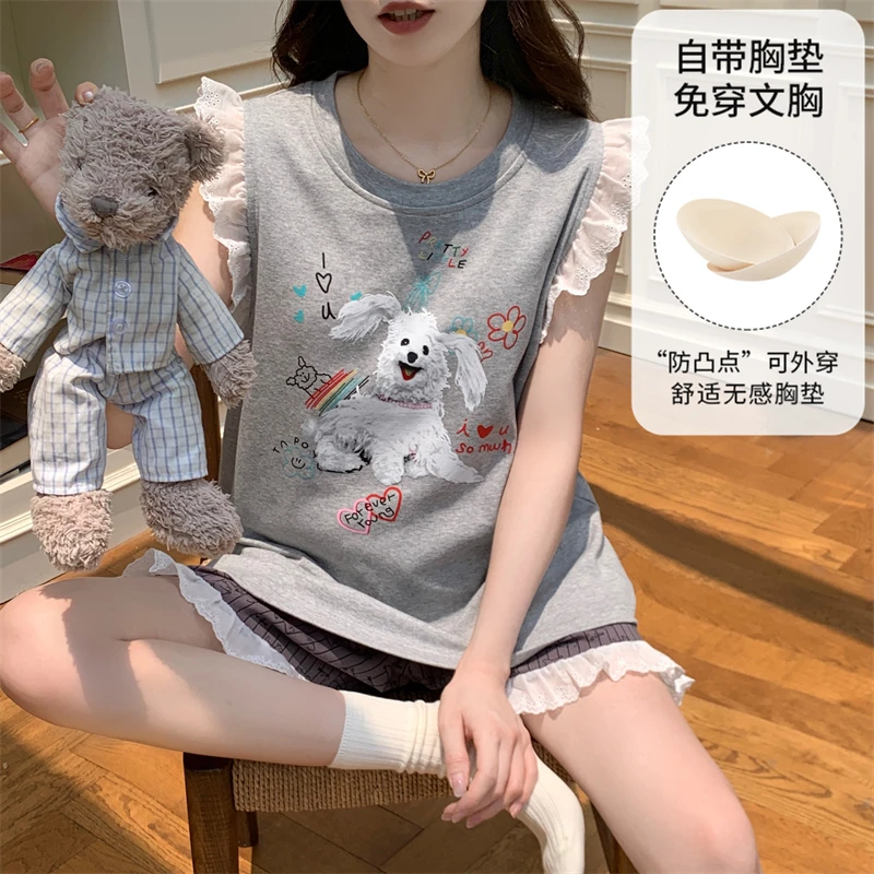 【甜心小狗】ins新款睡衣女夏季薄款甜美少女背心短裤家居服套装