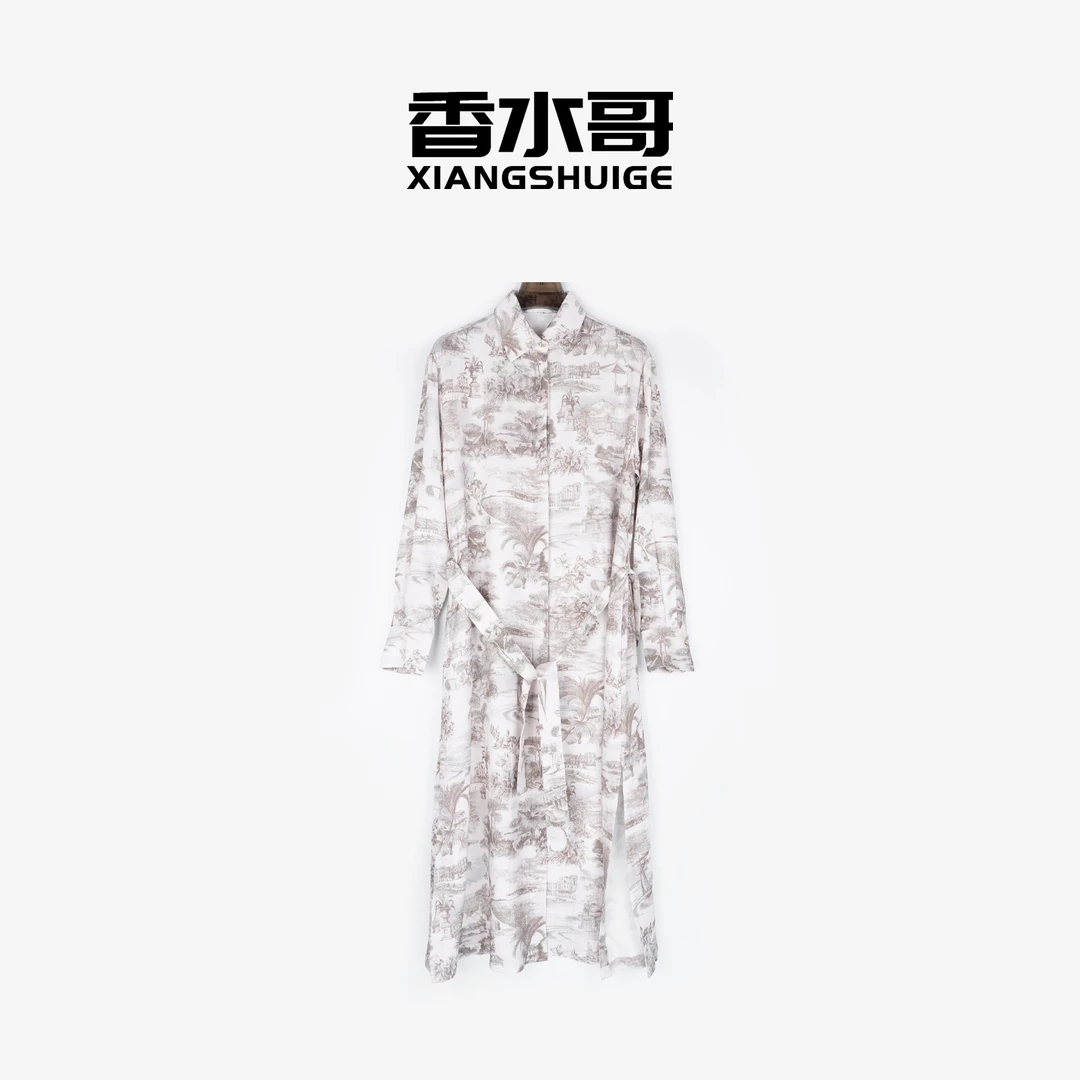 春装新款2025女装气质长袖收腰复古衬衫裙系带山水画印花连衣裙