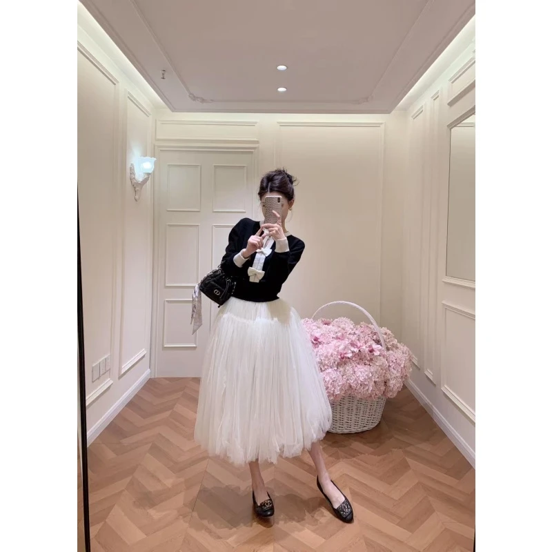 甜美风撞色蝴蝶结长袖针织衫女装秋季新款高级感气质显瘦半身裙子