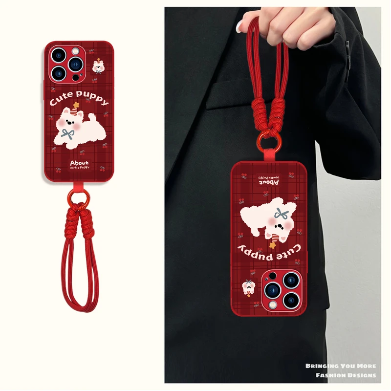 格子小狗适用苹果16/15/14OPPO华为小米VIVO新年红色玻璃手机壳女