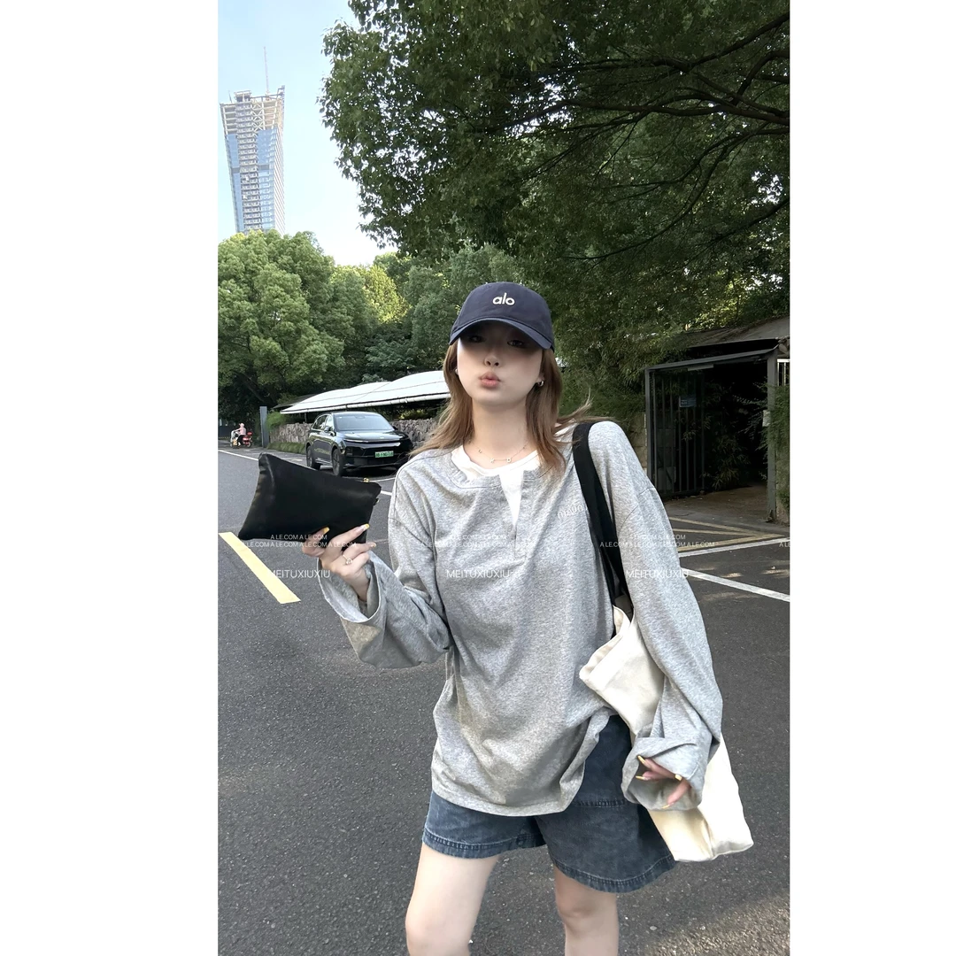 【阿乐家】大码微胖“叠叠乐”夏日薄款假两件刺绣字母宽松防晒长袖T