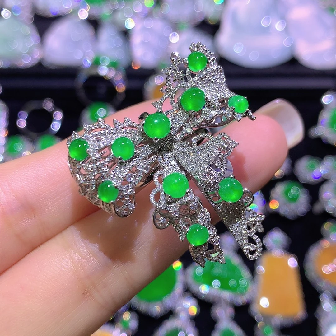 翡翠18K金镶嵌戒指高冰满绿蛋面三用