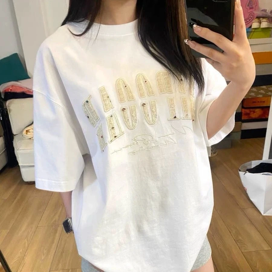 刺绣纯棉重磅短袖t恤女夏季宽松显瘦小众设计感美式潮牌半袖上衣