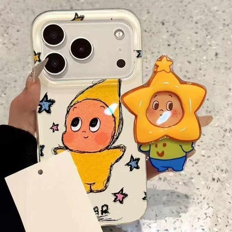 可爱涂鸦星星人支架适用苹果17Promax手机壳vivo华为oppo小米防摔