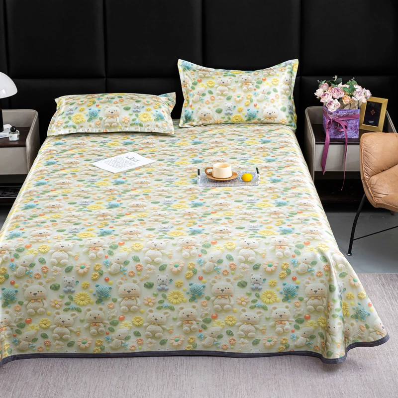 新款5D立体数码印花凉感丝三件套立体图案凉席款冰丝软凉席三件套