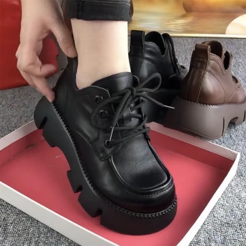 松糕厚底单鞋女真软皮2025新款英伦风小皮鞋系带圆头软底女工作鞋