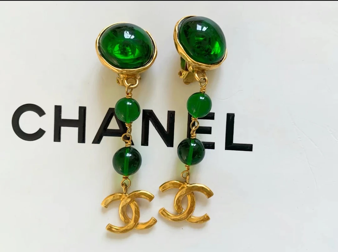 95新 Chanel/香奈儿 Chanel vintage香奈儿中古绿琉璃耳夹