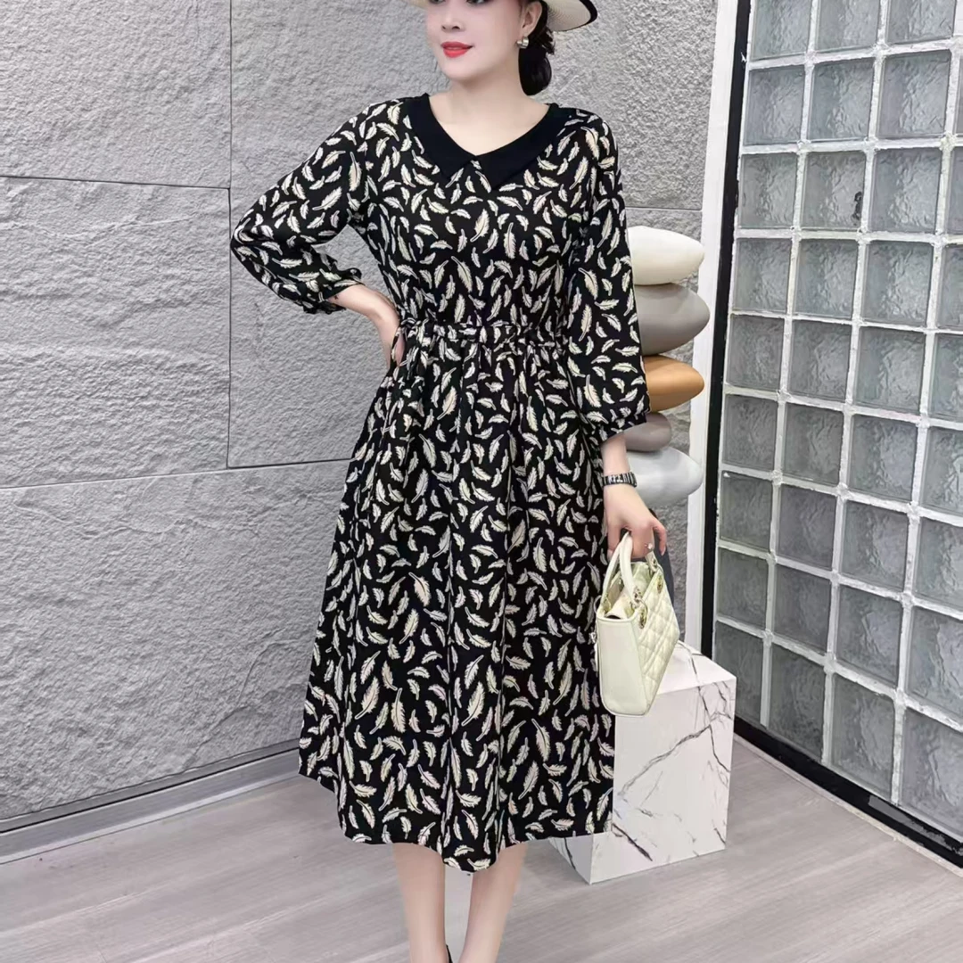 9651-夏季新款气质大码过膝收腰时尚翻领妈妈装连衣裙（F仓）