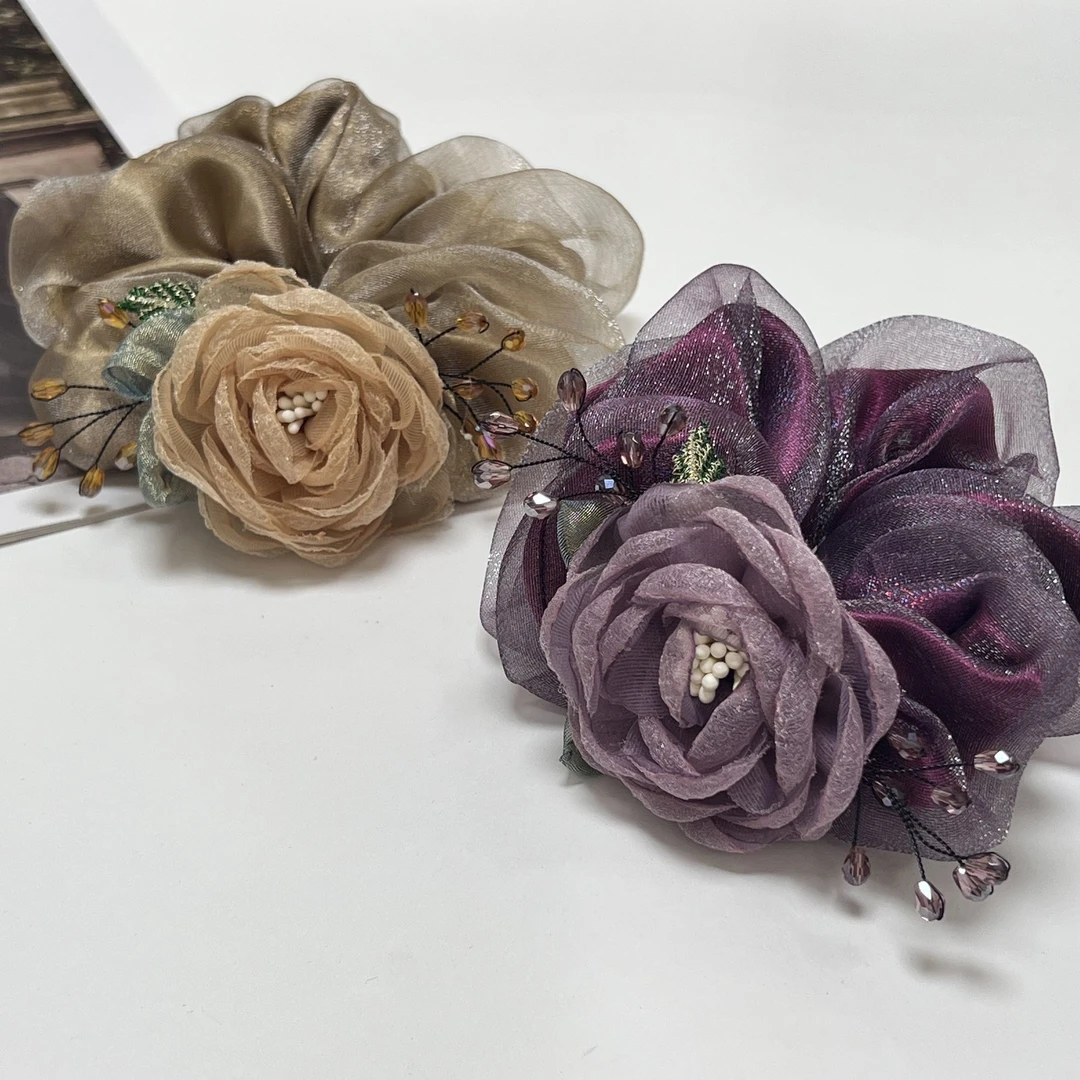 网红新款欧根纱大肠圈紫色温柔气质花朵头花高级丸子盘发头绳发绳