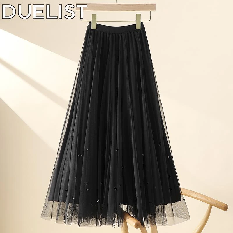 DUELIST新款年夏季两面穿钉珠半身裙女中长款高腰显瘦垂感百褶裙