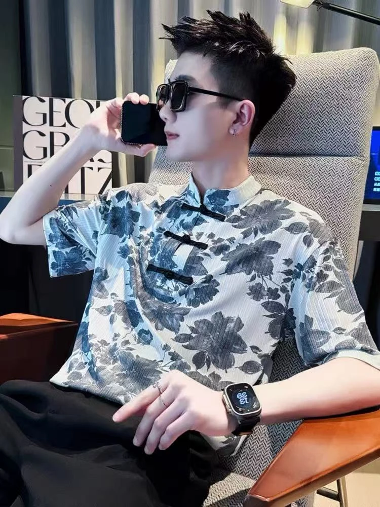 Z28夏季痞帅立领短袖薄款网红男装休闲衬衫男士精神小伙印花国风