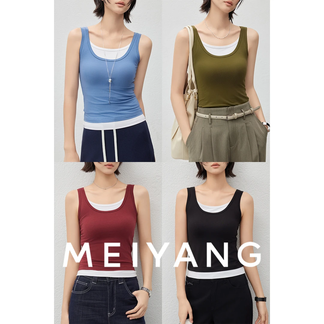 美洋MEIYANG【商场同款】叠影假两件背心 长绒棉带胸垫撞色通勤显瘦