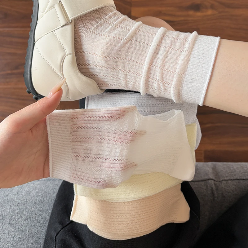 白色中筒袜子女2025春夏新款桑蚕丝透气镂空网眼无骨薄款纯色长袜