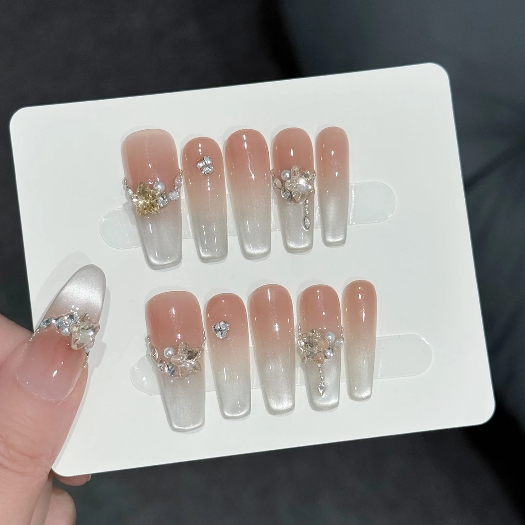 【纯欲清冷】纯手工穿戴甲轻奢冰透爆闪渐变侧光猫眼香槟金