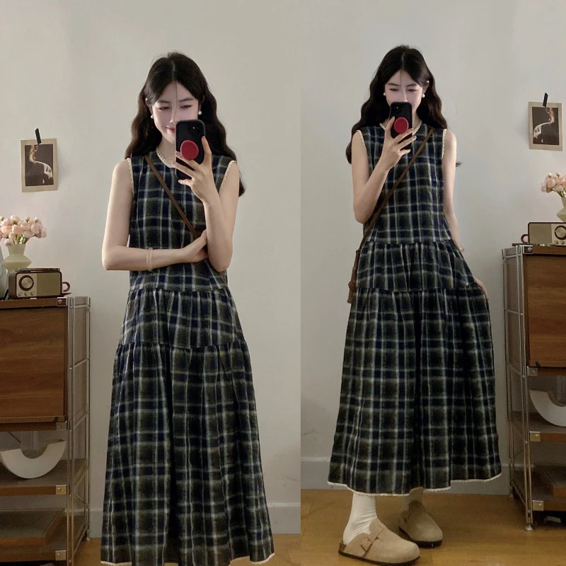 ［ 糕糕 ］孕妇装2025夏季新款韩系轻复古格纹无袖中长款连衣裙显瘦