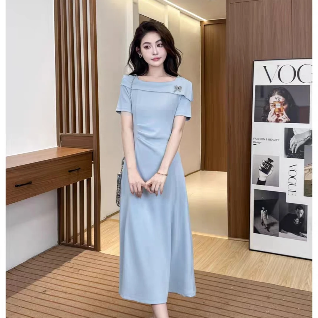 047夏新款时尚气质法式连衣裙收腰显瘦褶皱百搭方领短袖打底长裙