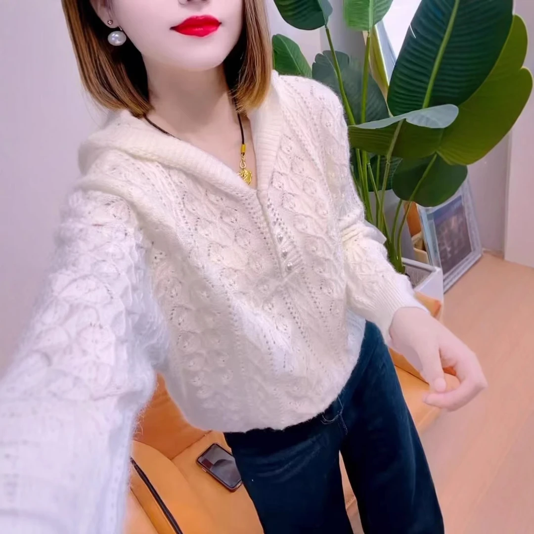 [yp]661018秋冬新款时尚减龄百搭韩版连帽针织衫女镂空显瘦上衣潮
