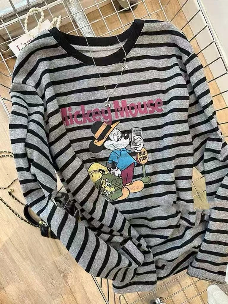 960番外秋新款趣味小卡通复古条纹宽松慵懒休闲百搭磨毛长袖T恤女