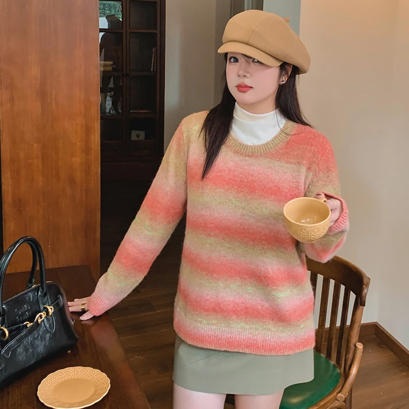 大码女装圆领渐变针织长袖胖mm2024秋冬简单毛衣22630