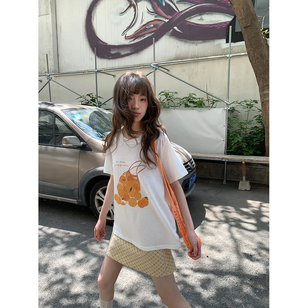 觅定橙子印花休闲短袖T恤女夏季圆领正肩宽松上衣体恤WS53551