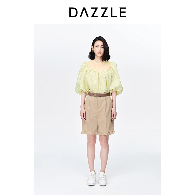 DAZZLE地素奥莱新款通勤别致荷叶边直筒休闲短裤女2H2Q103