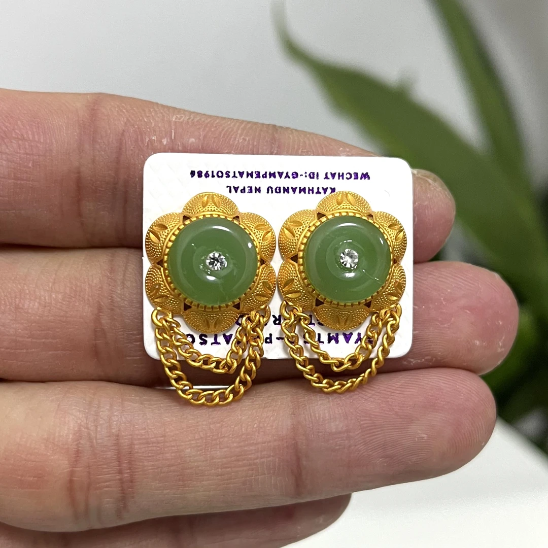 黄铜耳饰 藏族饰品耳钉藏式石头珠子黄铜镀金不掉色