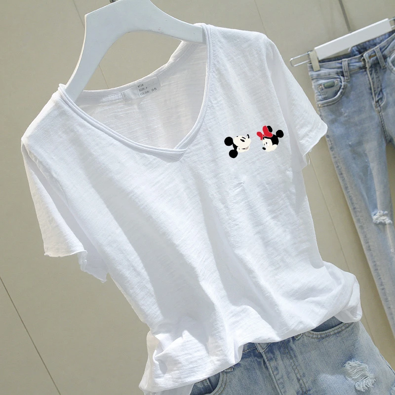 休闲风2025夏季新款宽松上衣T恤V领竹节棉百搭简约t恤打底遮肚子