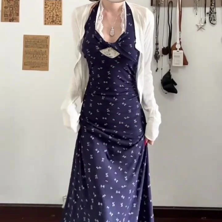 大码挂脖碎花裙俩件套