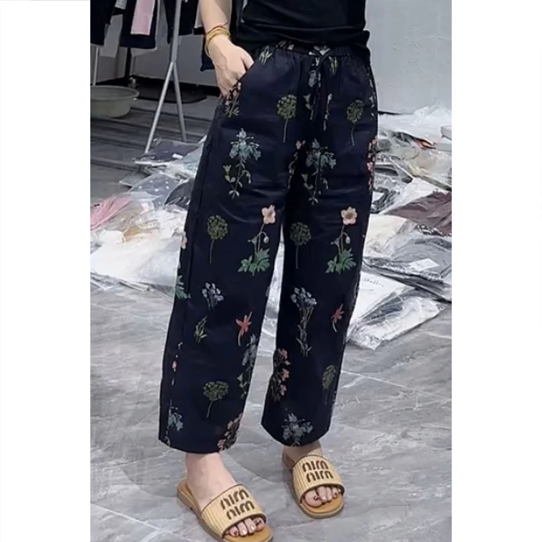 艾塔莉夏季女款百搭印花休闲裤子时尚九分裤休闲阔腿直筒裤松紧腰