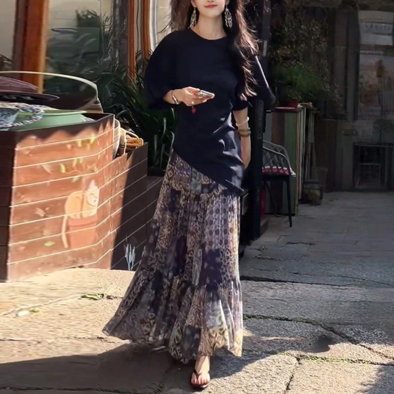 韩版休闲通勤气质慵懒套装女2026年夏季新款短袖上衣半身裙两件套