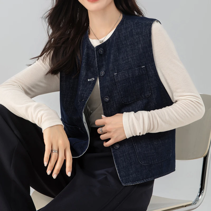 丹宁蓝气质牛仔马甲女款2025新款爆款叠穿外套时髦两面穿气质坎肩
