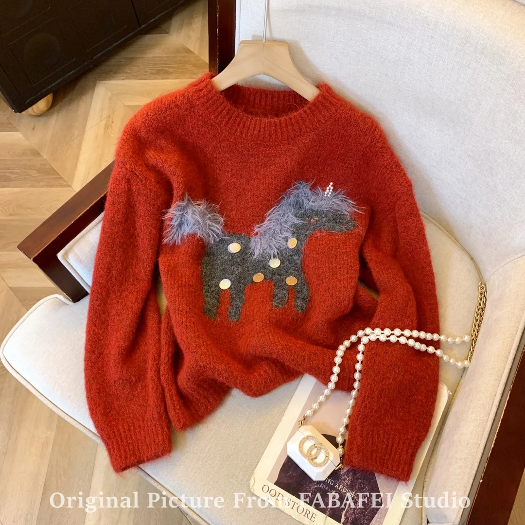 新年红色亮片独角兽毛衣女冬季高级感仿貂绒软糯针织衫圣诞节上衣