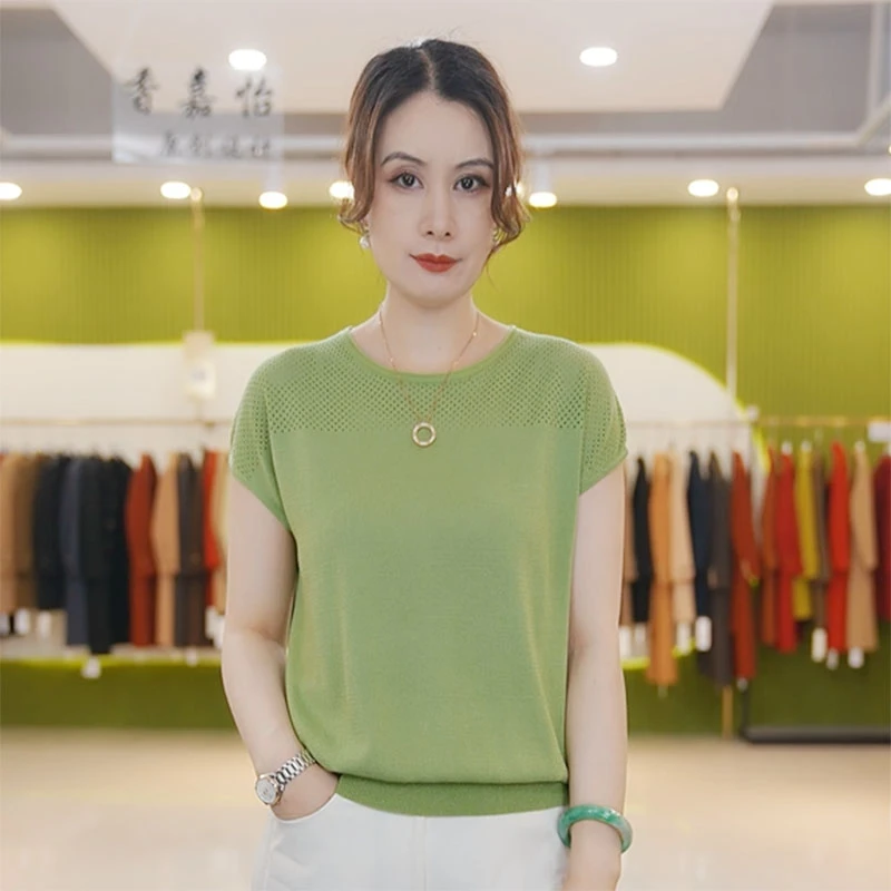 【香嘉怡新品】XJYE2021女士上衣100莱赛尔圆领肩部镂空针织衫夏季