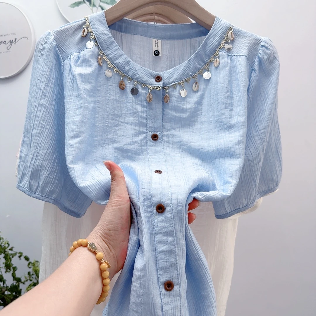 圆领纯色短袖夏季衬衫上衣设计宽松新款小衫显瘦法式小香风衬衣女
