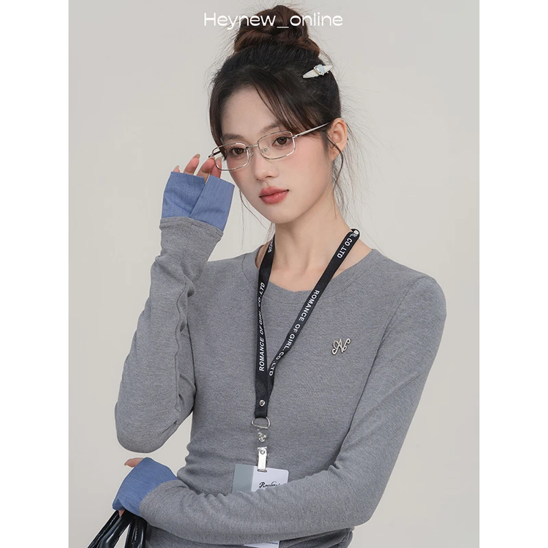 【年中宠粉福利】假两件拼接条纹长袖t恤女士褶皱显瘦上衣-5C204