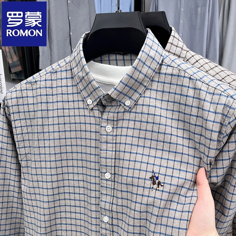 罗蒙小格子休闲长袖衬衫上衣胸前刺绣设计日常上班极简风穿搭