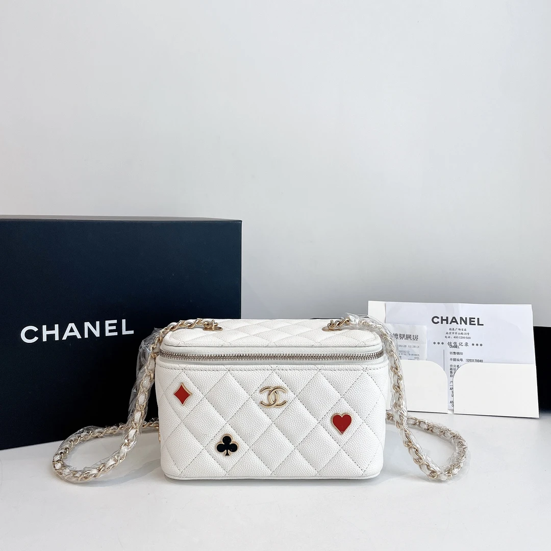 99新 Chanel/香奈儿  23c扑克长盒子 白色荔枝牛皮 镭射芯片