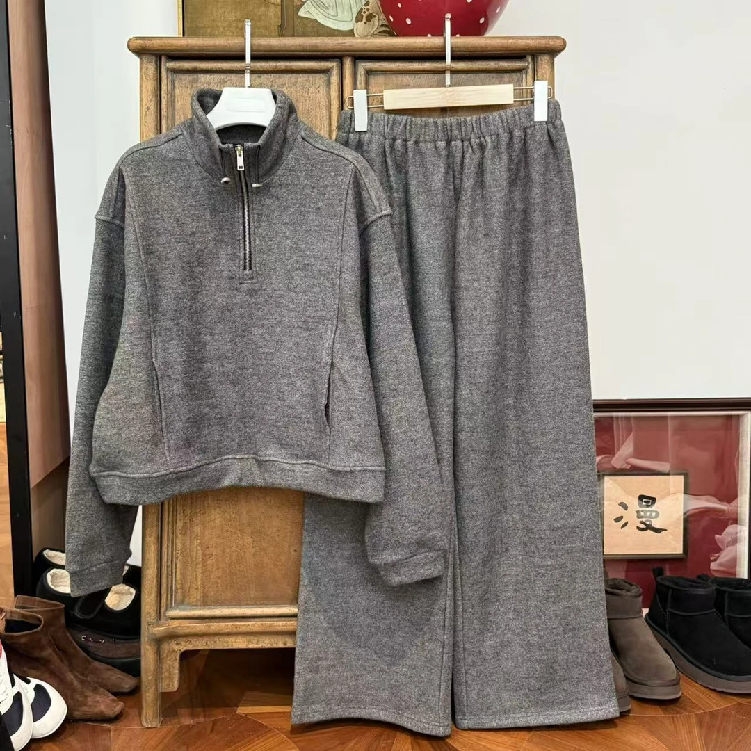 漫颜刘2024年秋冬新款粘胶浅灰时尚套装半拉链卫衣松紧腰裤套装