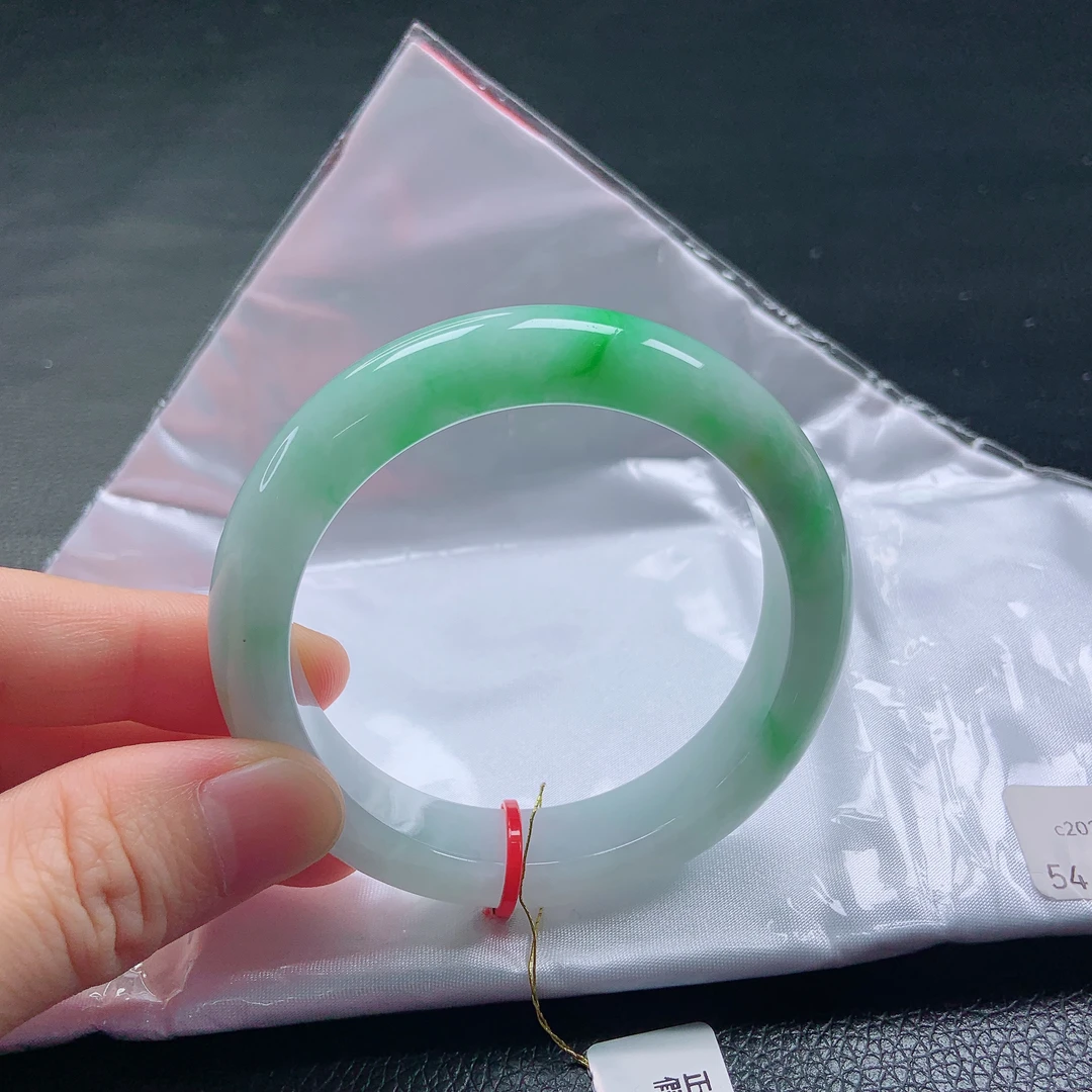 54➕圈飘阳绿宽边手镯缅甸天然a货时尚女款