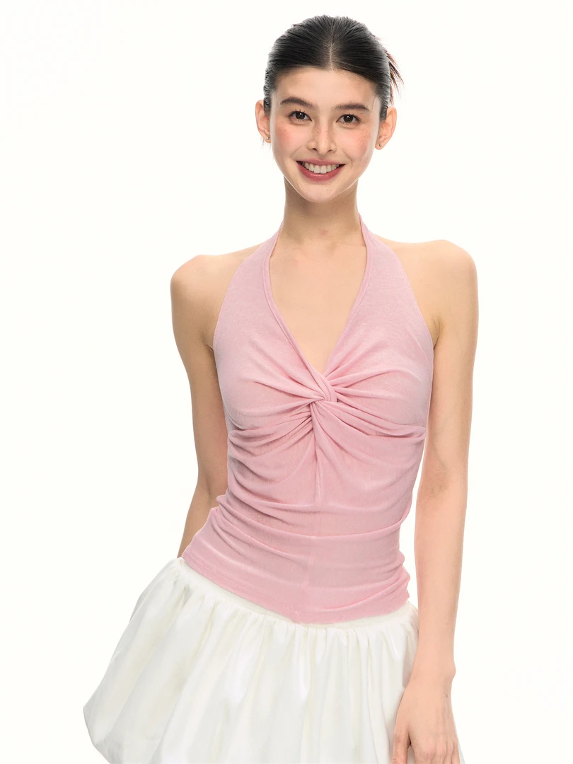 【CHUN ZI】优雅智系 V领纽结挂脖背心吊带女辣妹修身上衣