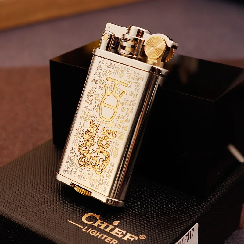 正品首领煤油打火机黄铜复古精雕双面唐草商务个性男士礼物