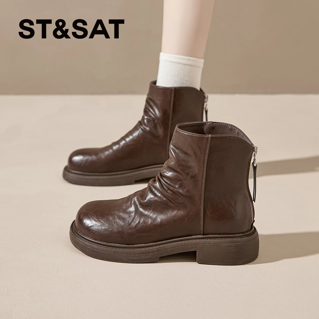 星期六百搭秋季短靴女款2025新款爆款褶皱短筒靴复古英伦风马丁靴