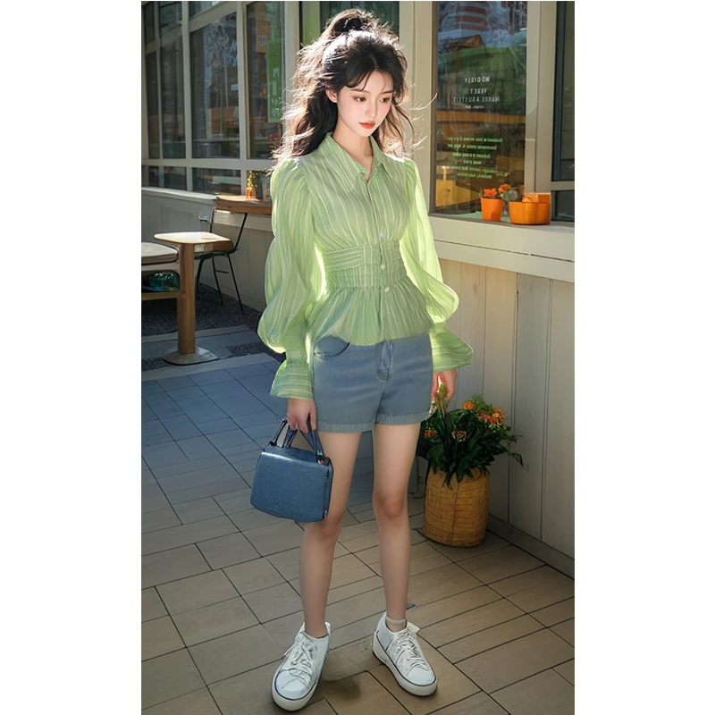 2025新款绿色条纹衬衫收腰气质小衫法式绝美小上衣独特漂亮衬衣