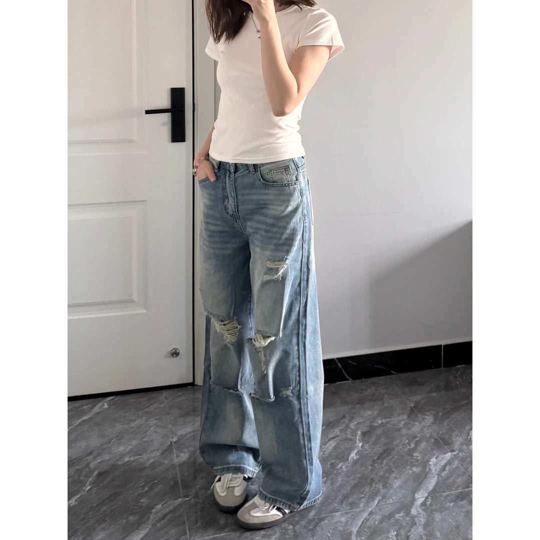 秋秋 夏季水洗浅蓝破洞牛仔裤女薄款高腰宽松显瘦直筒拖地长裤