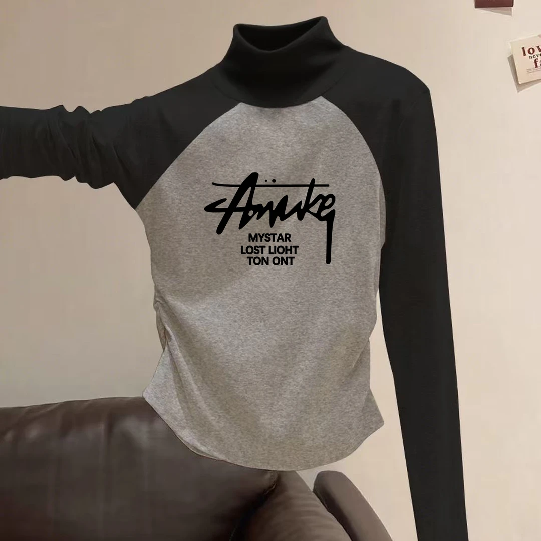 百搭半高领撞色打底衫女2025秋冬季新款内搭修身显瘦长袖T恤上衣