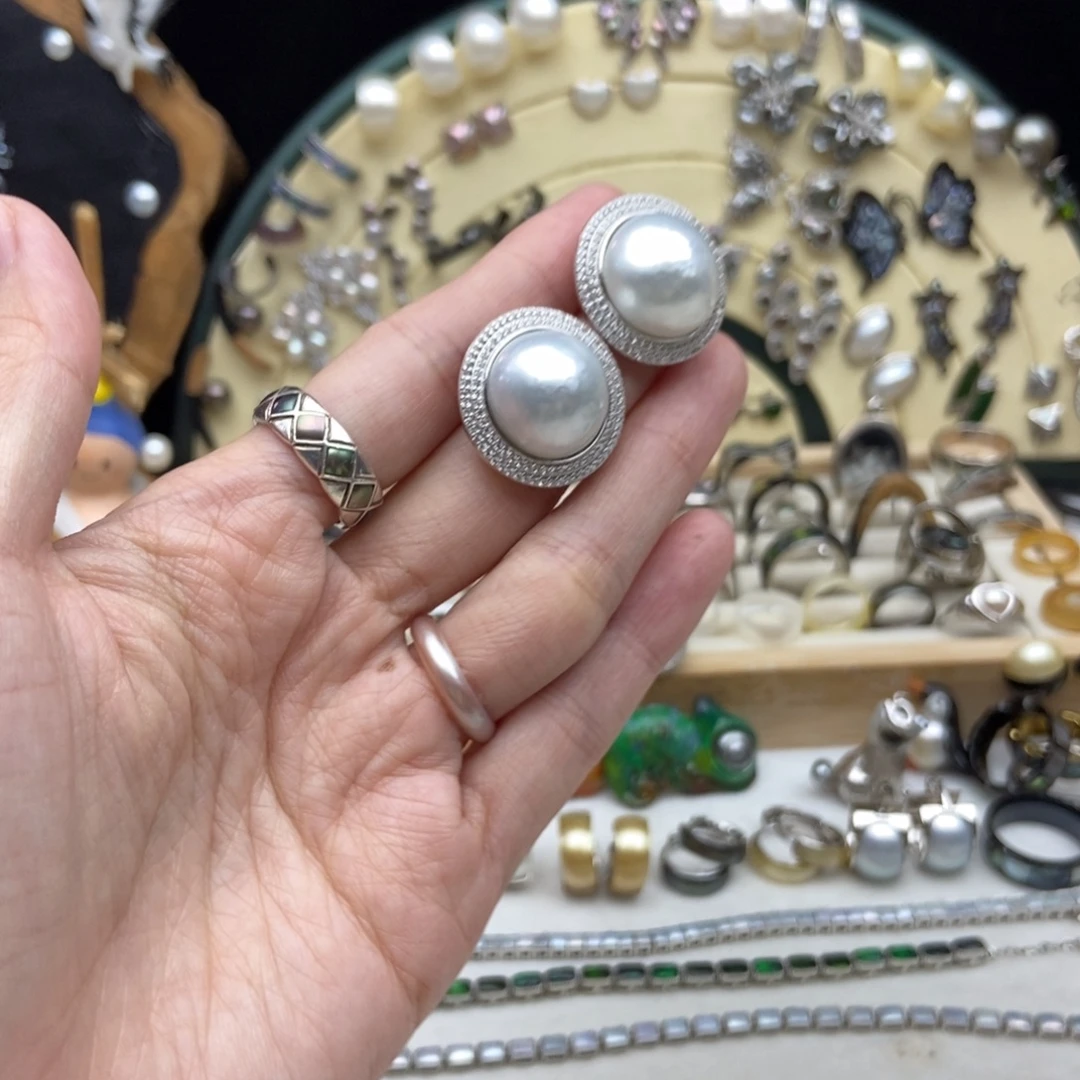 银S925镶嵌海水珍珠画框澳白珍珠耳钉