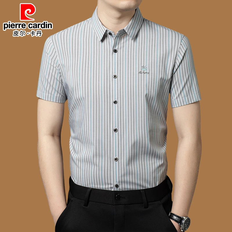 皮尔卡丹正品男士短袖衬衫夏季免烫条纹休闲高档潮流商务薄款衬衣