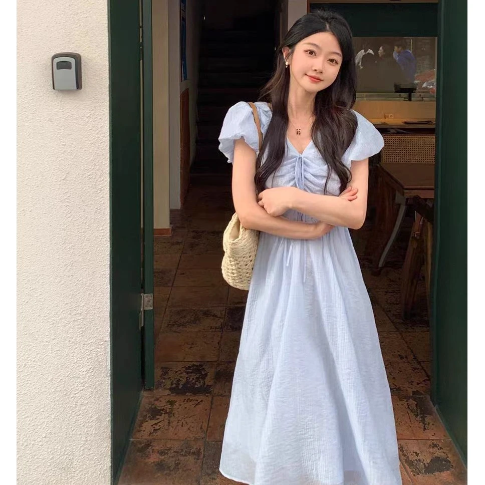 （80-200斤）法式V领泡泡袖连衣裙女夏季新款收腰褶皱中长款裙1839